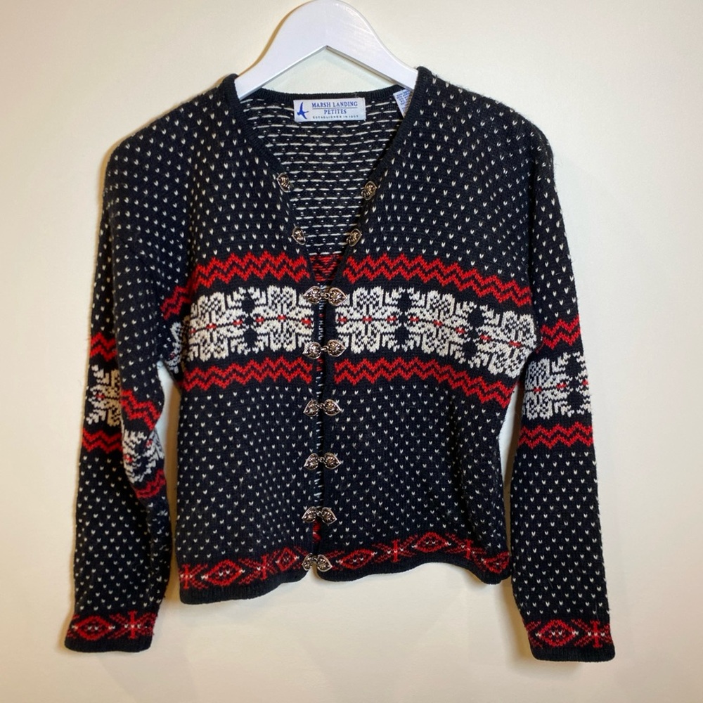 Vintage Marsh Landing Cardigan Sweater Petite Small Christmas Buckle Detail Wool